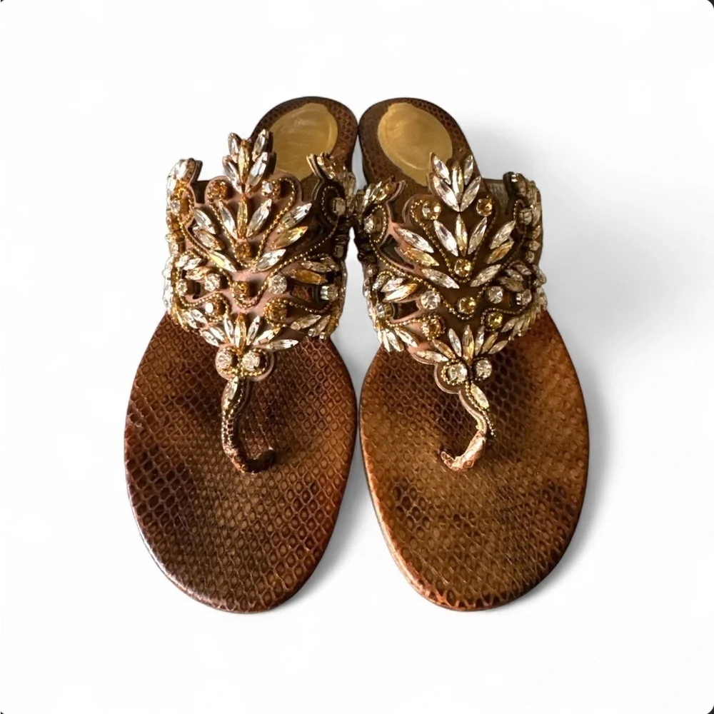Rene Caovilla Crystal Leaf Sandals Metallic Gold Wedge Thong IT 38.5 US 8.5